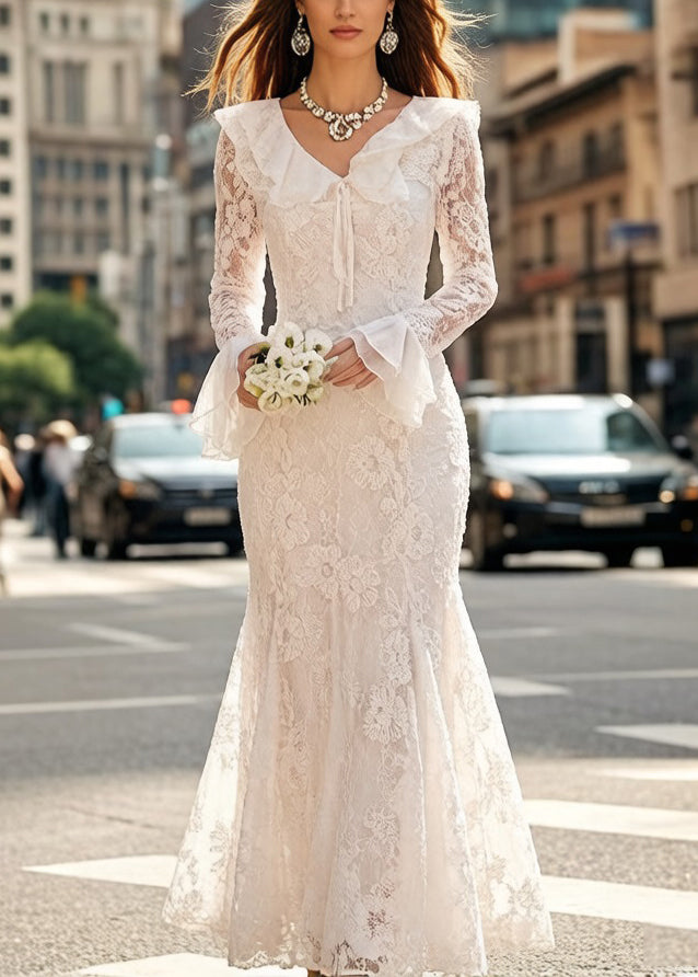 Floral Lace Ruffle Deep V-Neck Tie Front Flared Cuff Long Sleeve Mermaid Gown