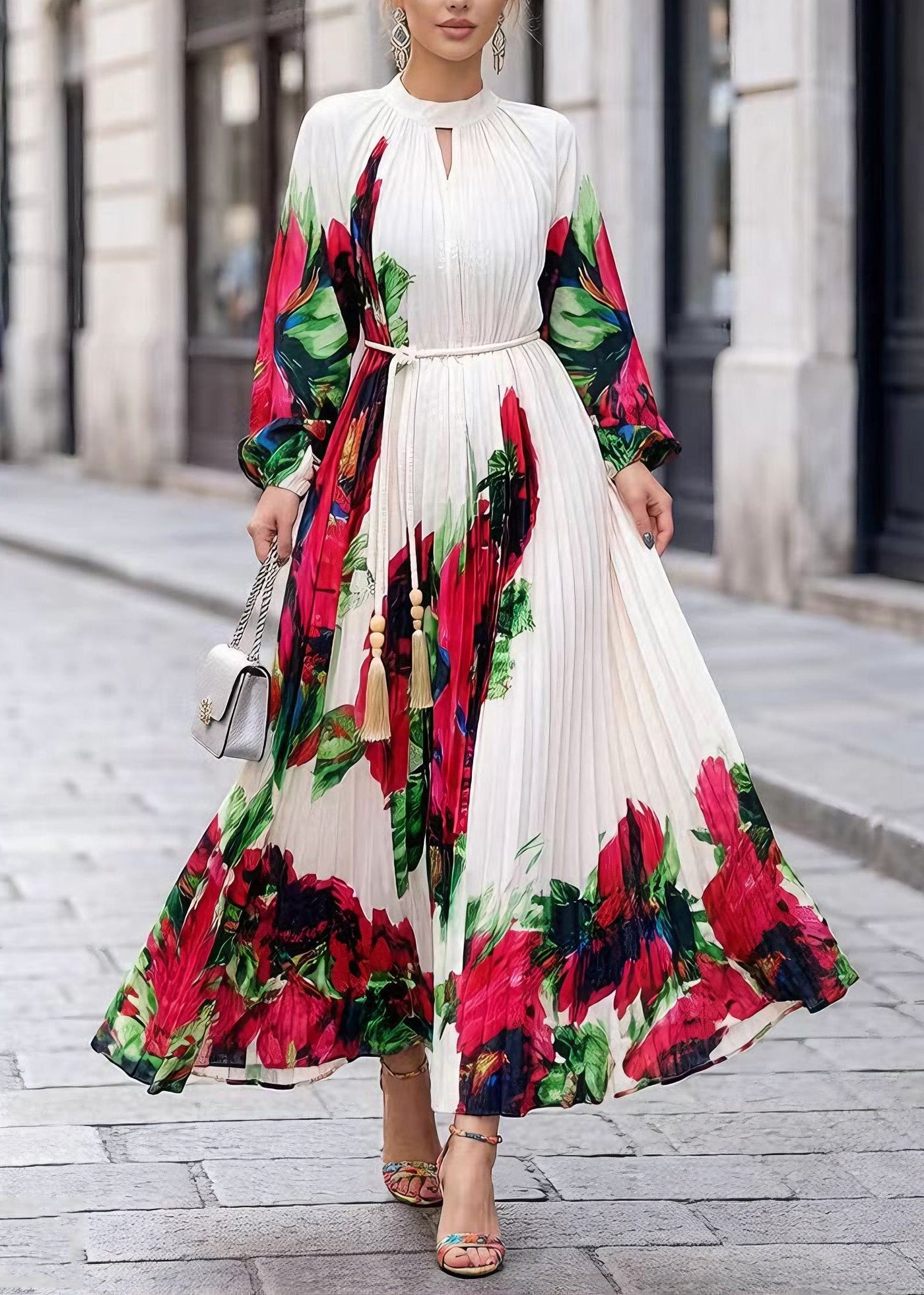 Elegant White O Neck Print Chiffon Maxi Dresses Spring 3