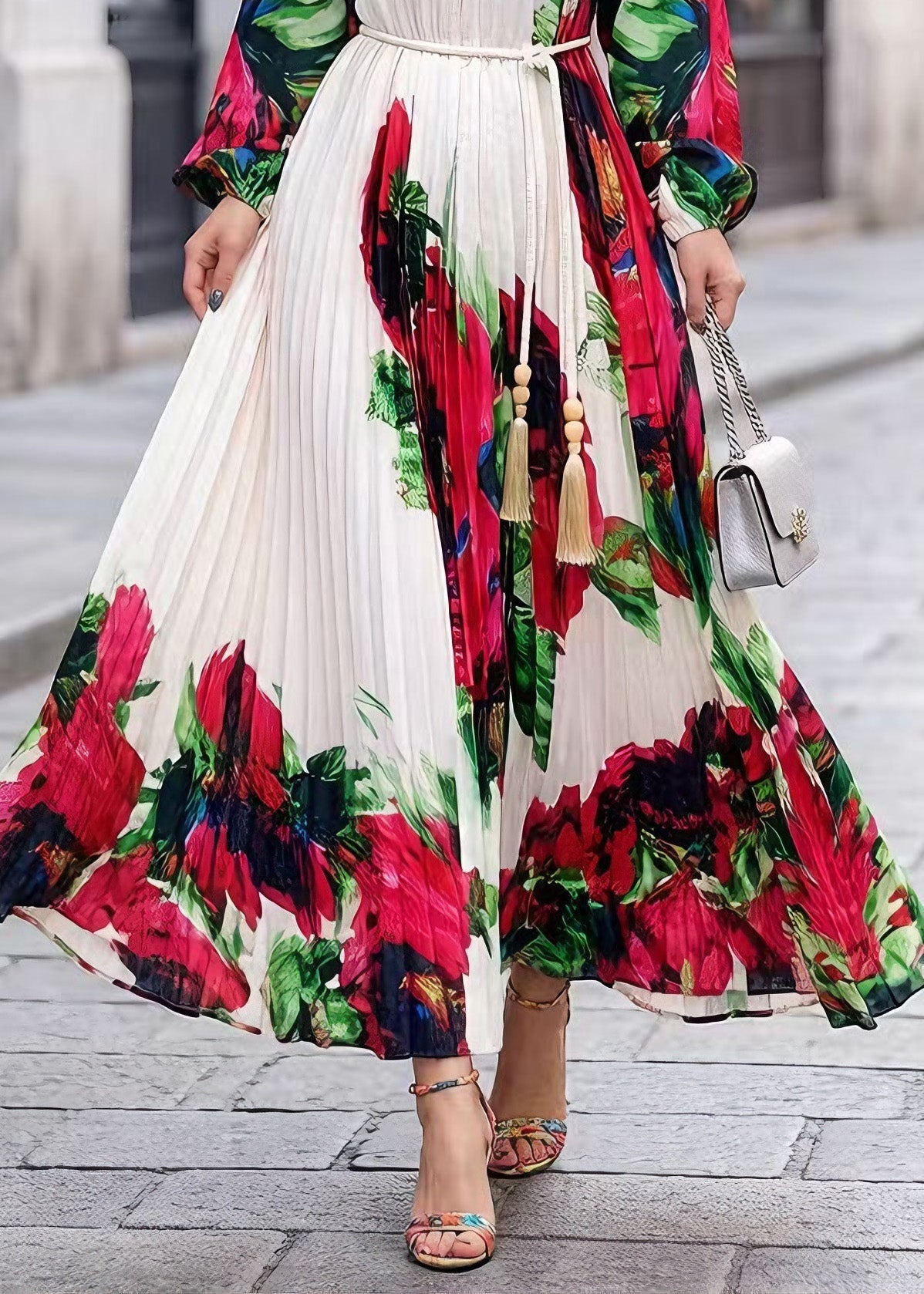 Elegant White O Neck Print Chiffon Maxi Dresses Spring 4