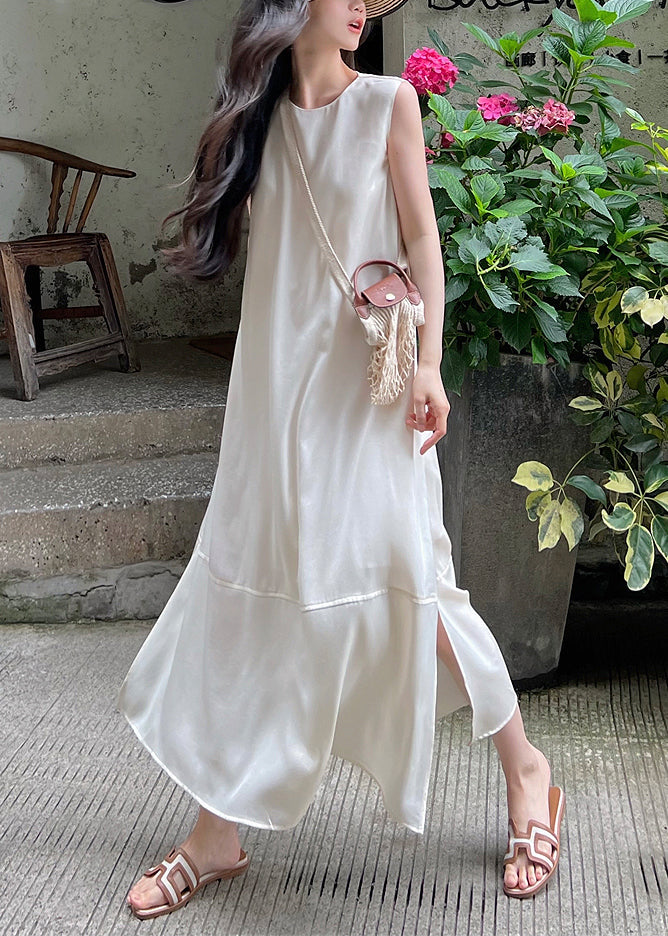 Satin Round Neck Sleeveless Tiered Panel Side Slit Maxi Dress