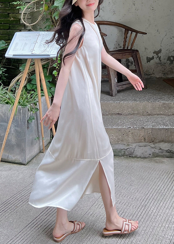 Satin Round Neck Sleeveless Tiered Panel Side Slit Maxi Dress