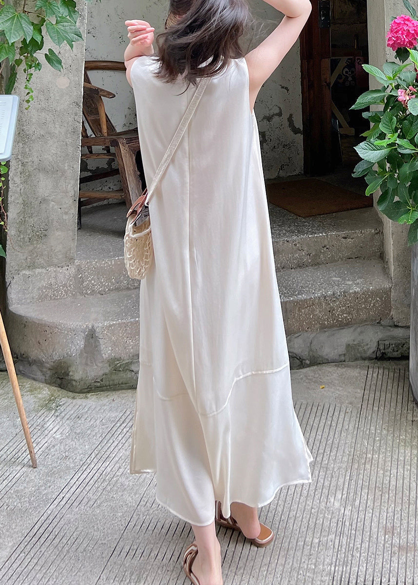 Satin Round Neck Sleeveless Tiered Panel Side Slit Maxi Dress
