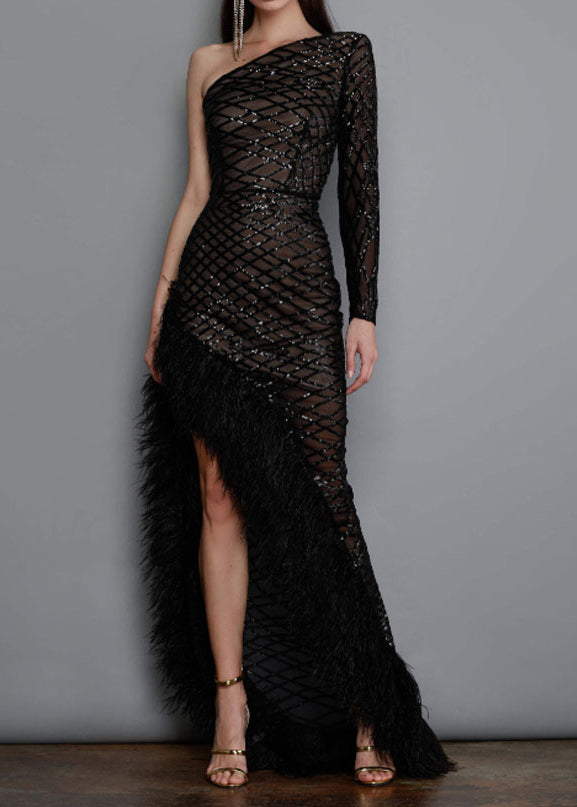 One Shoulder Mesh Lattice Sequin Feather Trim High Split Asymmetrical Gown