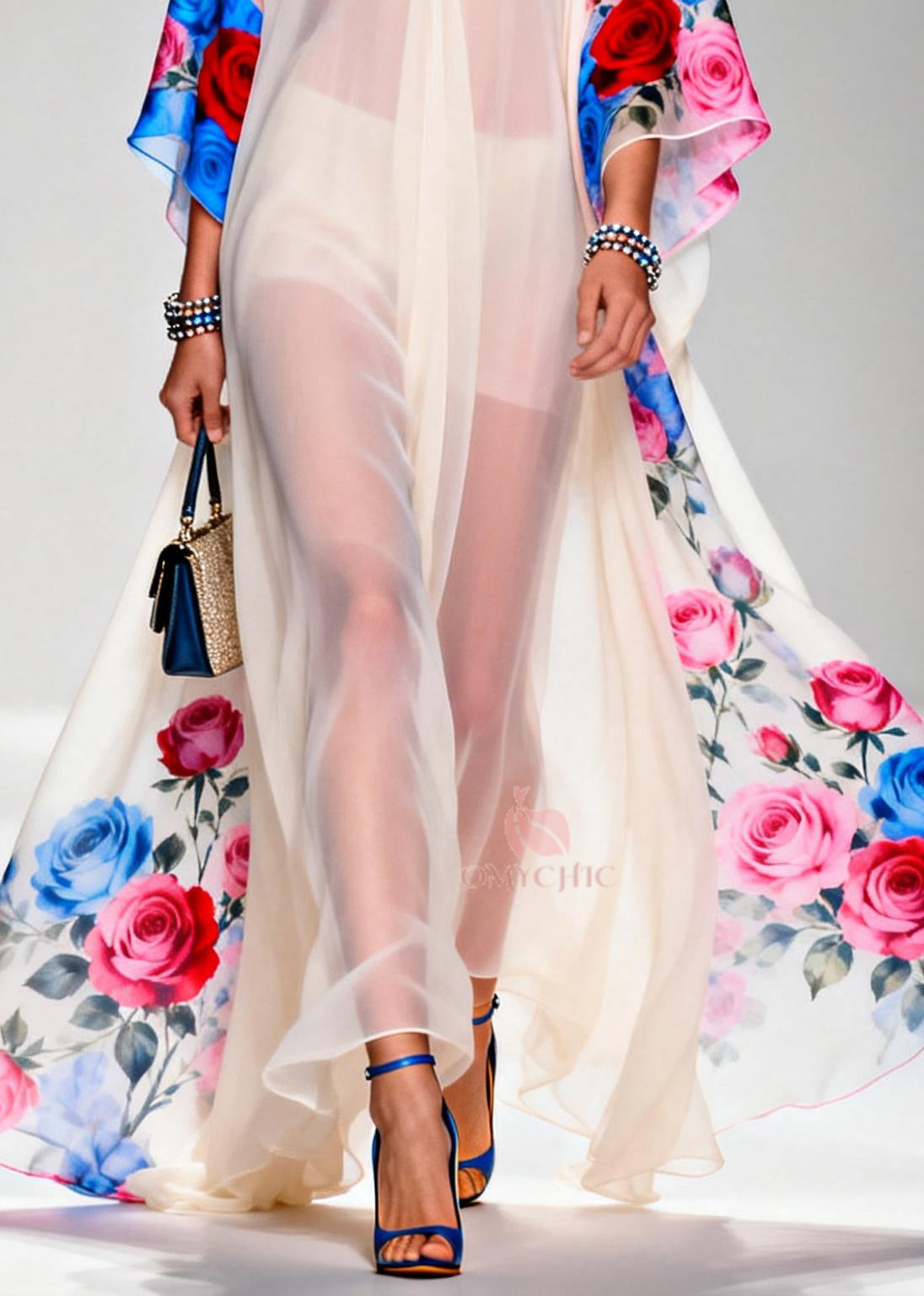 Elegant White Oversized Print Sheer Chiffon Maxi Dresses Summer 4