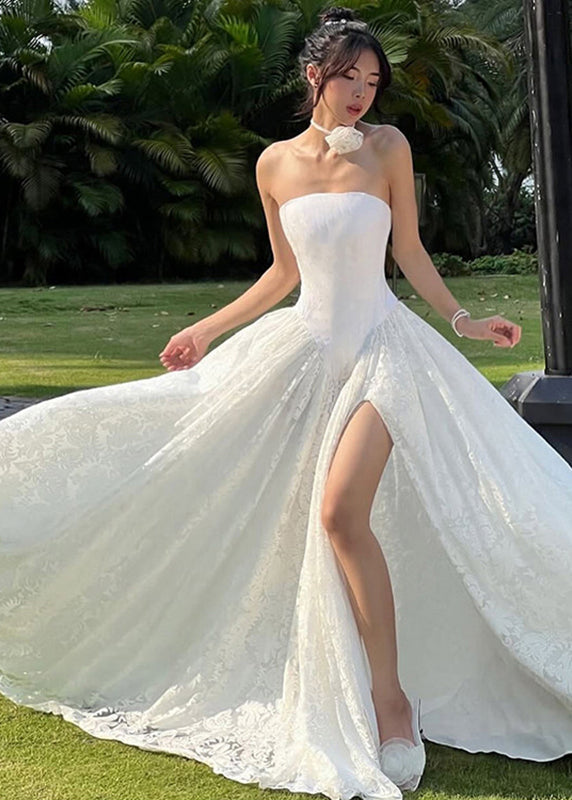 Elegant White Patchwork Side Open Long Dress Cold Shoulder Sleeveless