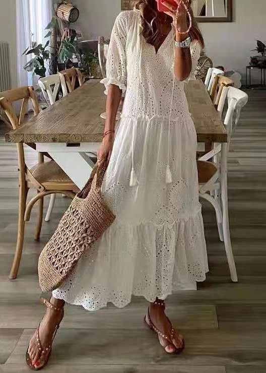 Eyelet Lace V-Neck Tassel Tie Elbow Sleeve Tiered Maxi Dress
