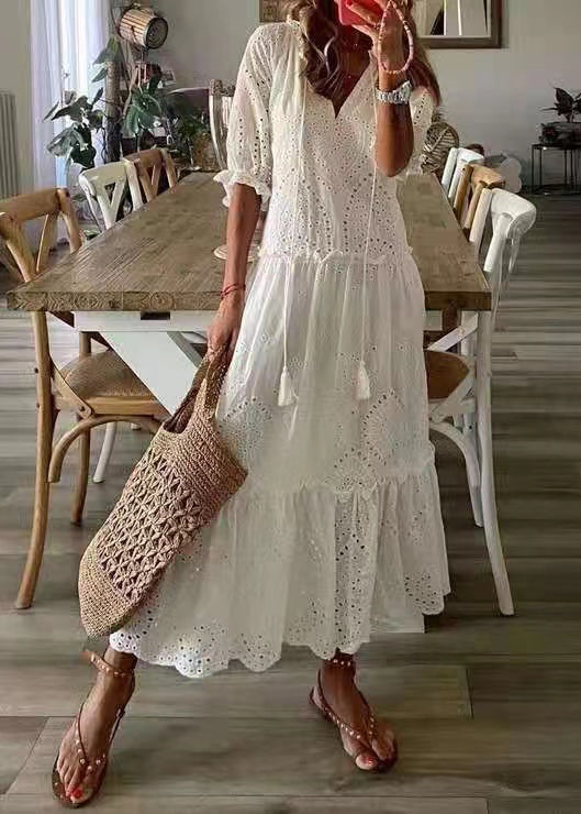 Eyelet Lace V-Neck Tassel Tie Elbow Sleeve Tiered Ruffle Scallop Hem Maxi Dress