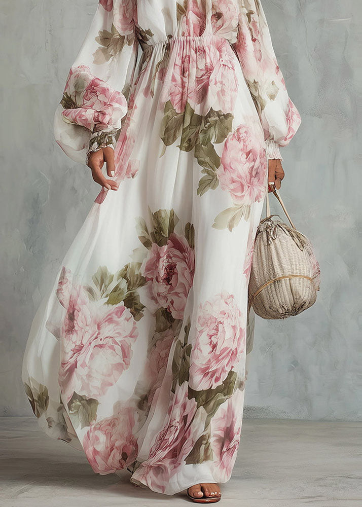 Elegant White Slash Neck Print Chiffon Maxi Dress Lantern Sleeve 4