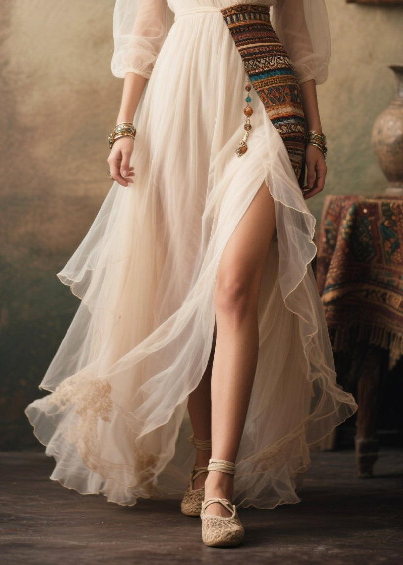 Tulle Deep V-Neck Wrap Bishop Sleeve Embroidered Sash Tassel High Split Layered Maxi Dress