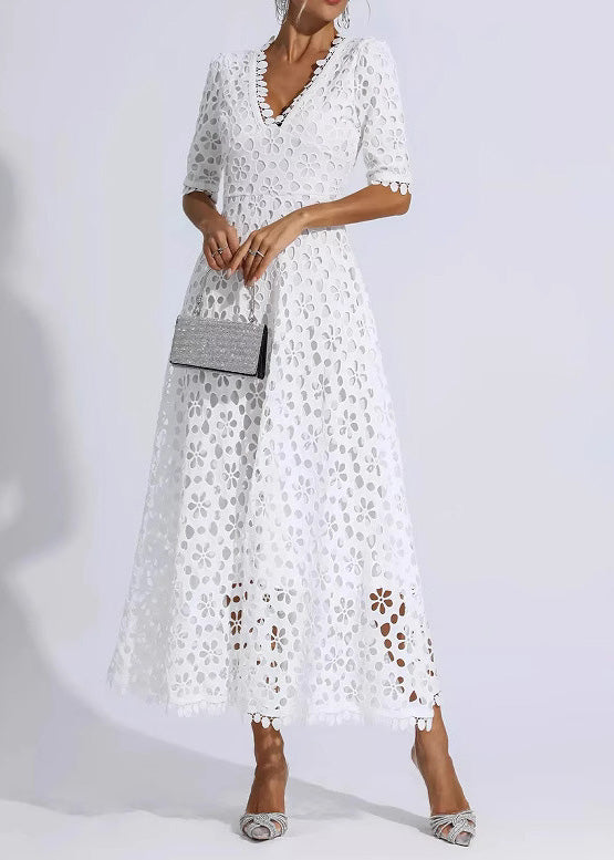 Lace Deep V-Neck Short Sleeve Scalloped Hem A-Line Maxi Dress