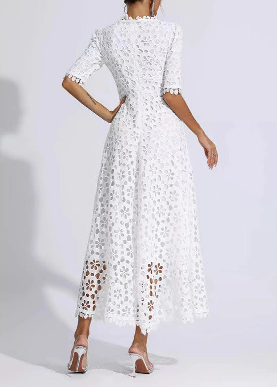 Lace Deep V-Neck Short Sleeve Scalloped Hem A-Line Maxi Dress