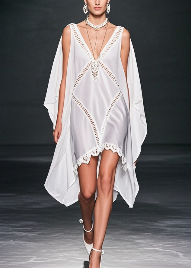 Deep V-Neck Chiffon Cut Out Diamond Cape Overlay Scalloped Lace Mini Dress