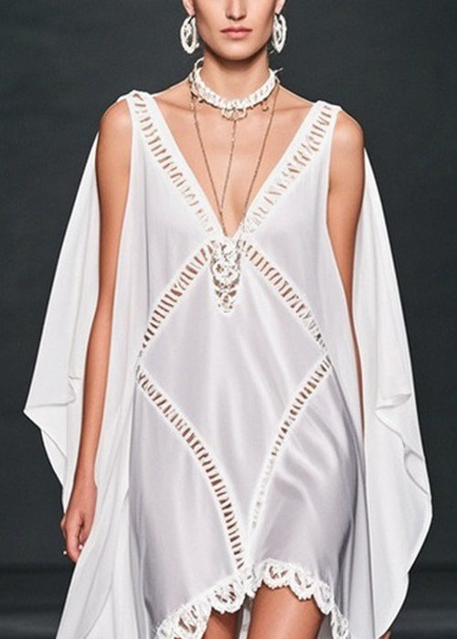 Deep V-Neck Chiffon Cut Out Diamond Cape Overlay Scalloped Lace Mini Dress