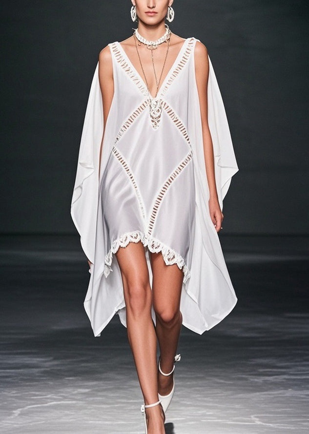 Deep V-Neck Chiffon Cut Out Diamond Cape Overlay Scalloped Lace Mini Dress