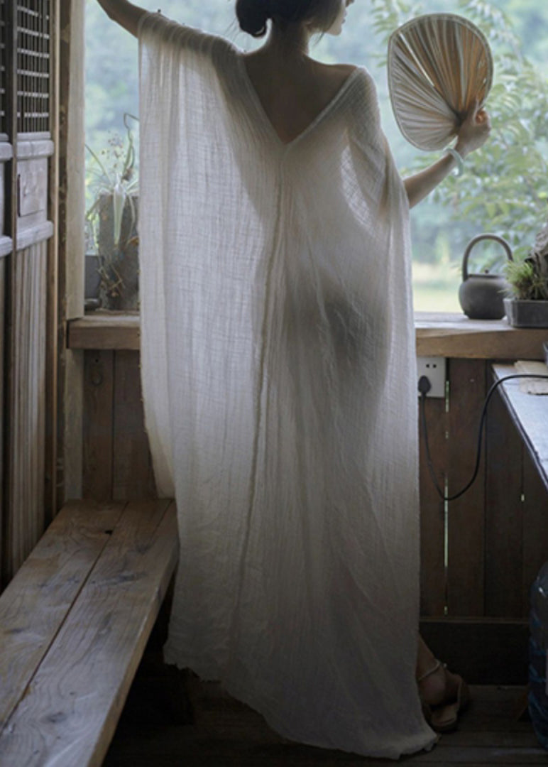 Sheer Crinkle Gauze V-Back Batwing Sleeve Loose Maxi Dress
