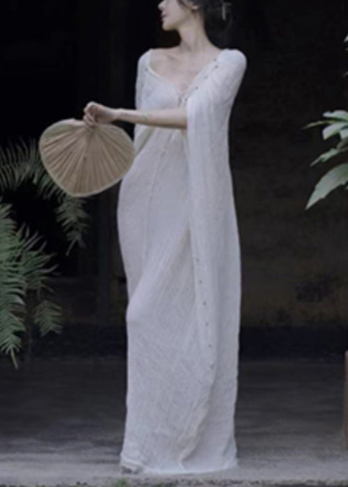 Elegant White V Neck Lace Up Cotton Maxi Dresses Summer - View 3
