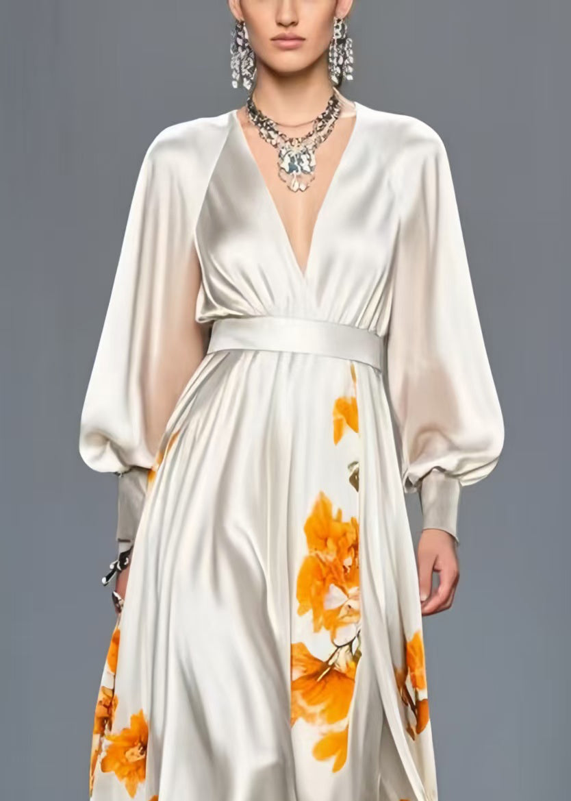 Floral Print Deep V-Neck Balloon Sleeve Cinched Waist High Split Maxi Gown