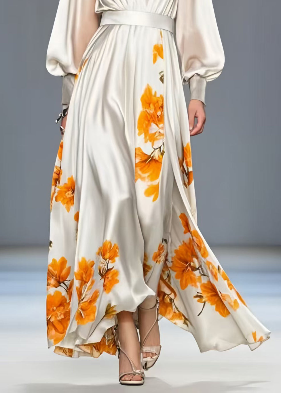 Floral Print Deep V-Neck Balloon Sleeve Cinched Waist High Split Maxi Gown