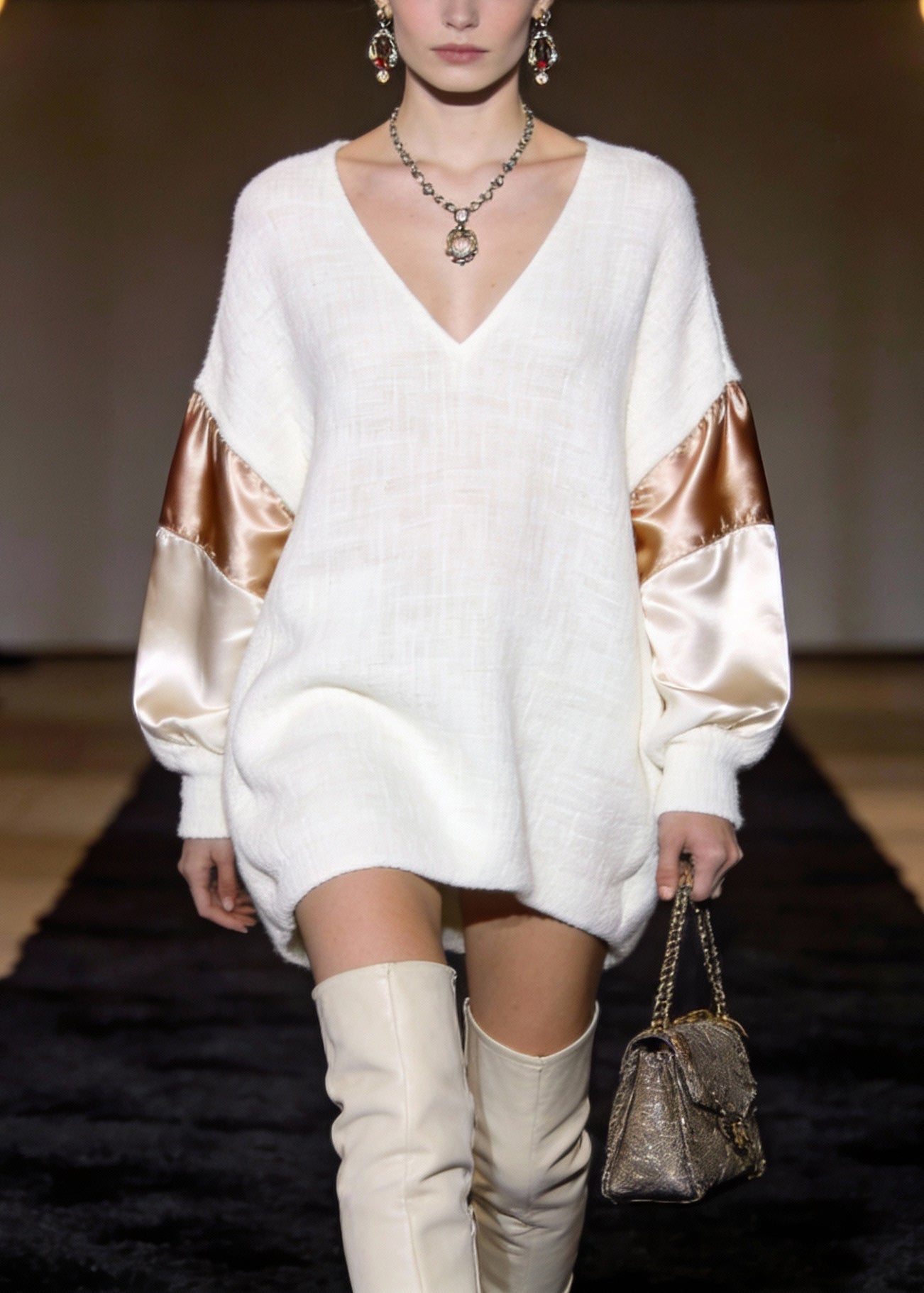 V-Neck Knit Puff Sleeve Satin Panel Oversized Mini Dress
