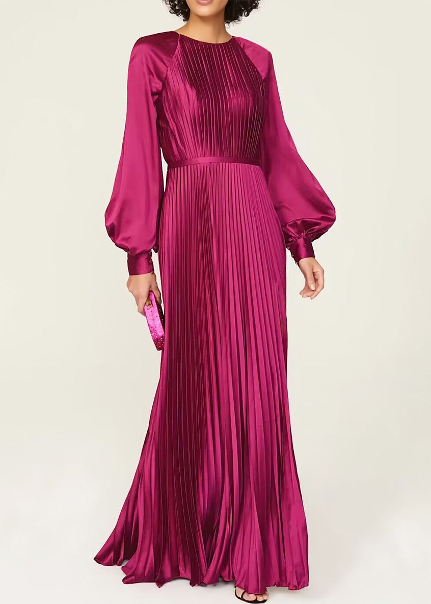 Satin Accordion Pleat Round Neck Bishop Sleeve Button Cuff Floor Length Gown