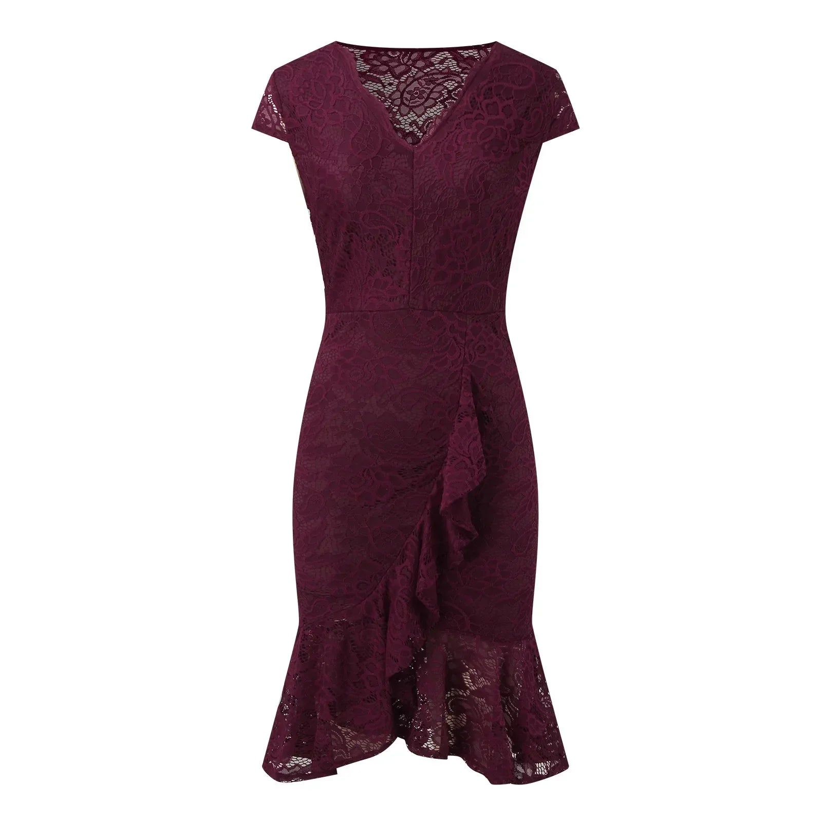 Floral Lace V-Neck Cap Sleeve Ruffle Bodycon Midi Dress