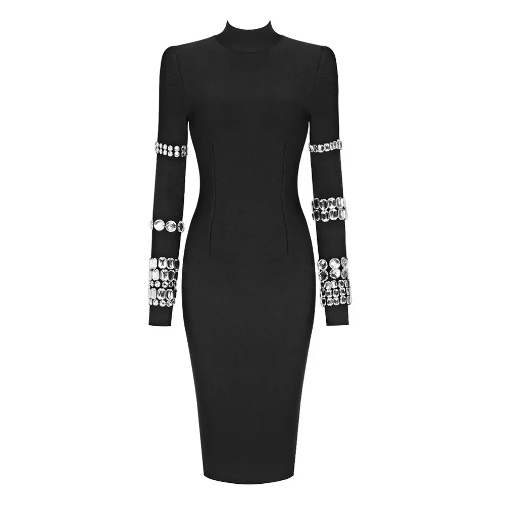 Rhinestone High Neck Long Sleeve Bodycon Midi Dress