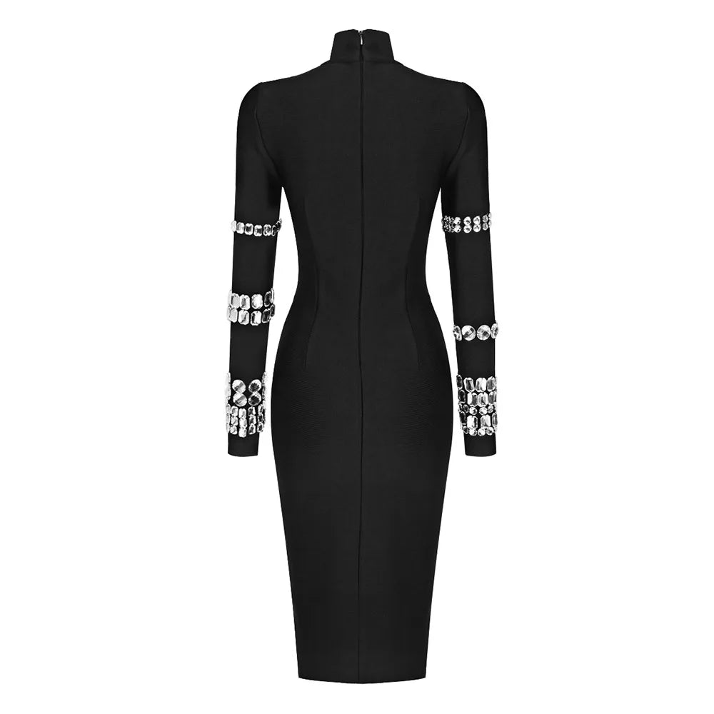 Rhinestone High Neck Long Sleeve Bodycon Midi Dress