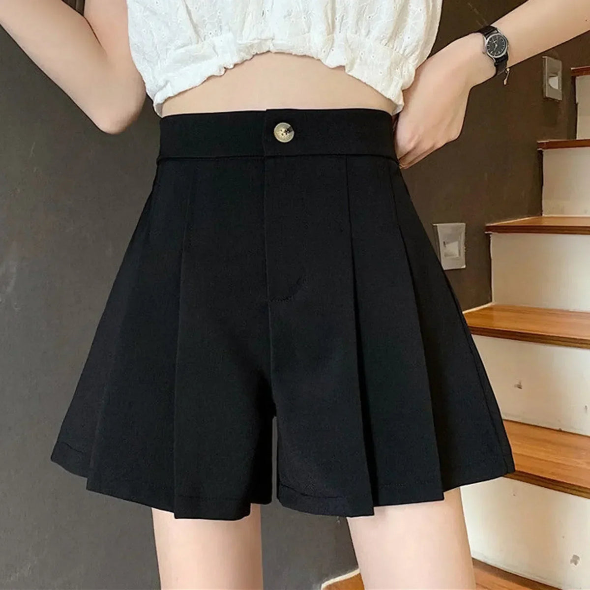 High Waist Pleated A-Line Wide Leg Button Shorts 3