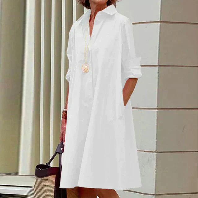 Collared Button Down Long Sleeve Side Pocket Relaxed Midi Shirt Dress