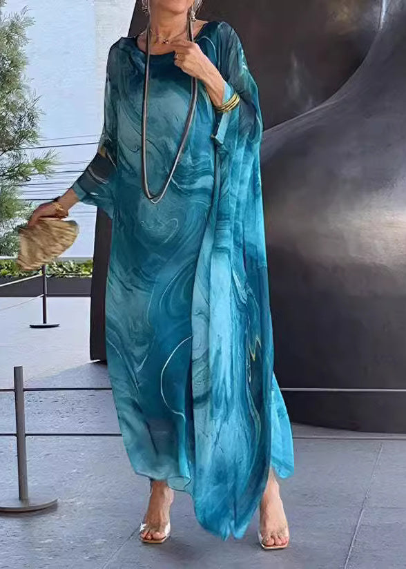 Chiffon Crew Neck Long Sleeve Oversized Kaftan Maxi Dress
