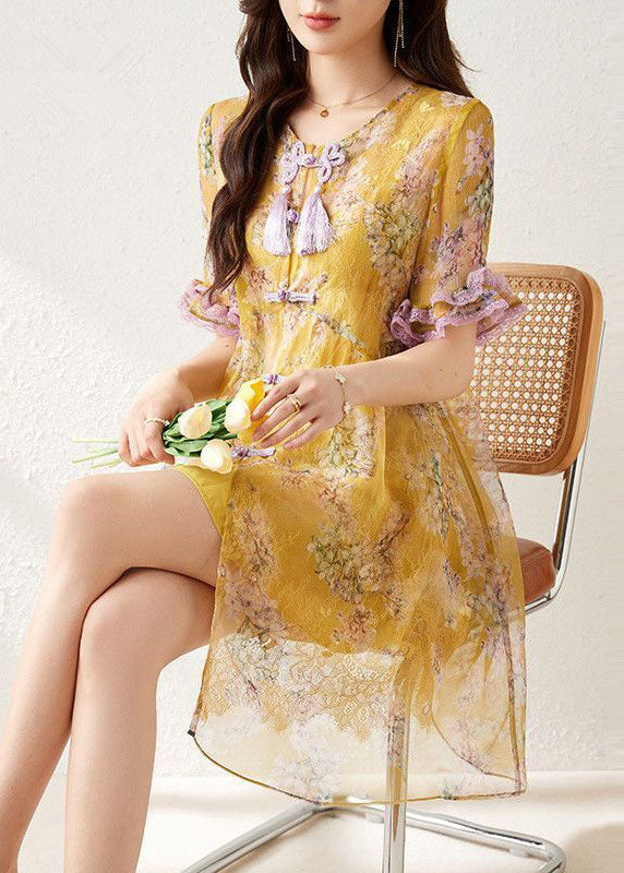 Chiffon Floral Print Frog Button Tassel Lace Trim Short Sleeve Mini Dress