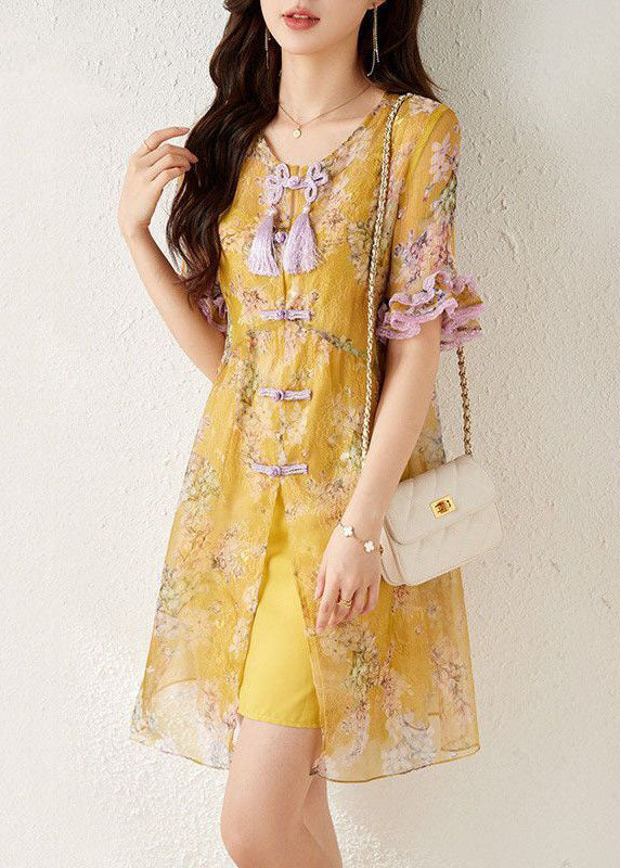 Chiffon Floral Print Frog Button Tassel Lace Trim Short Sleeve Mini Dress