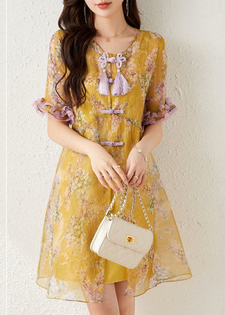 Chiffon Floral Print Frog Button Tassel Lace Trim Short Sleeve Mini Dress