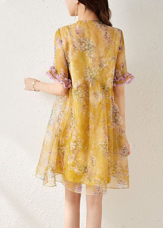 Chiffon Floral Print Frog Button Tassel Lace Trim Short Sleeve Mini Dress