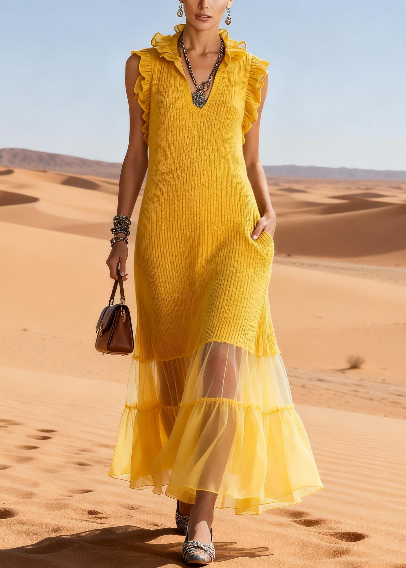 Elegant Yellow Ruffled Tulle Patchwork Knit Long Sweater Dress Sleeveless