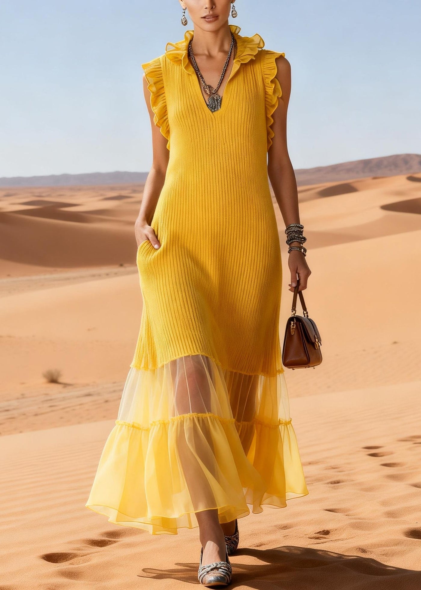 Elegant Yellow Ruffled Tulle Patchwork Knit Long Sweater Dress Sleeveless 3