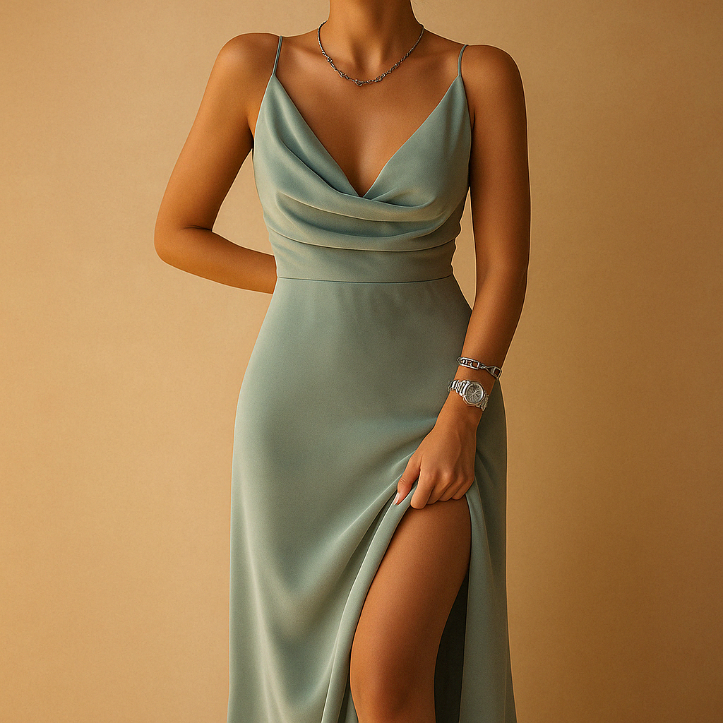 Cowl Neck Spaghetti Strap High Split Satin Maxi Dress