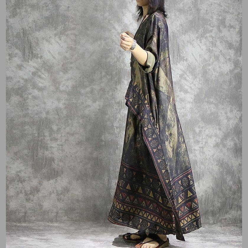 Geometric Triangle Print Border Panel Round Neck 3/4 Sleeve Pocket Oversized Maxi Dress