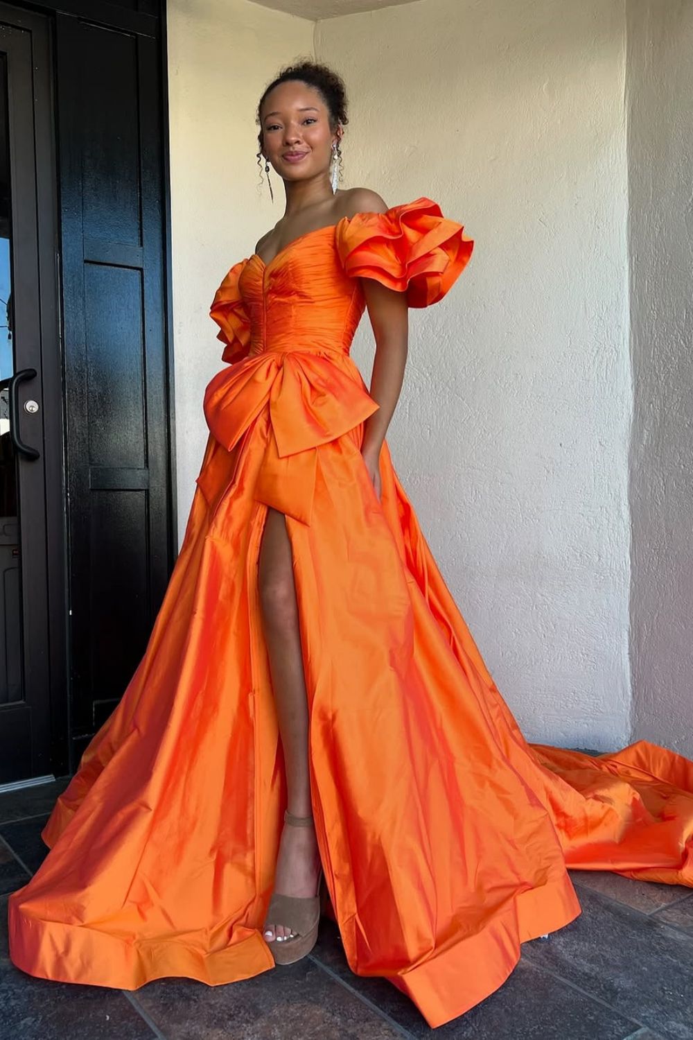 Elegant Orange A-Line Off The Shoulder Long Satin Prom Dress with Bowknot