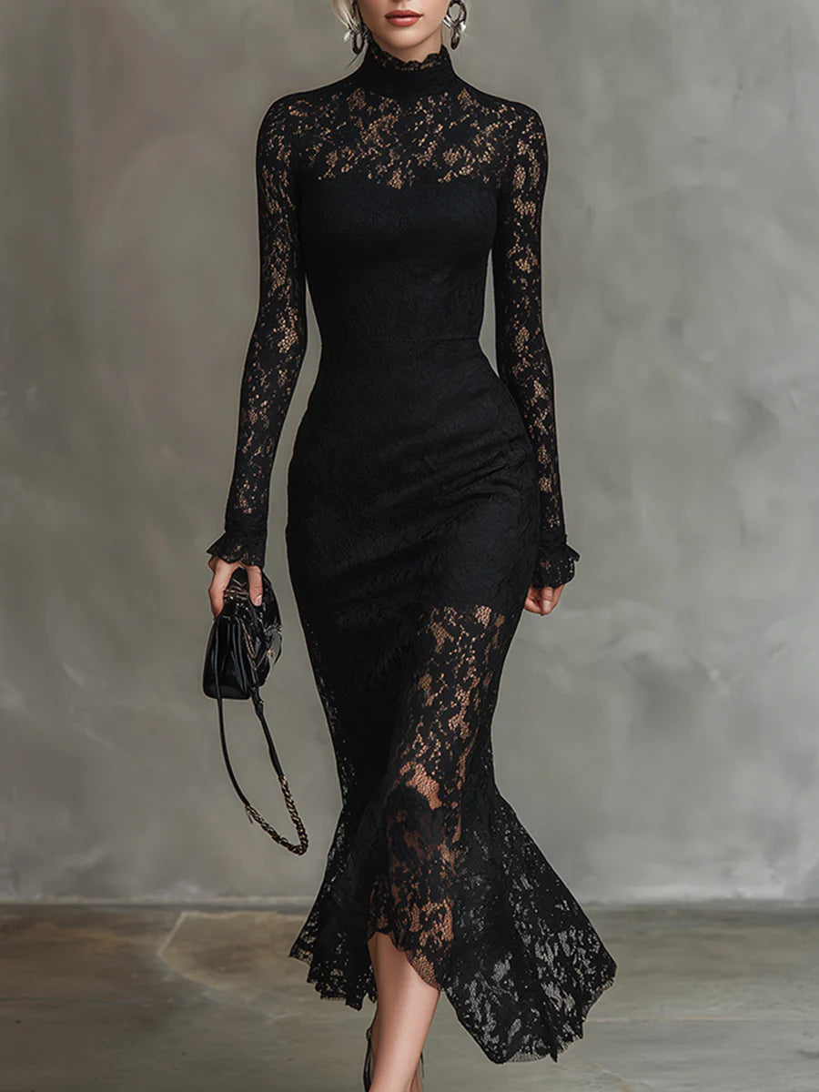 Lace Mock Neck Long Sleeve Ruffle Cuff Mermaid Hem Maxi Dress