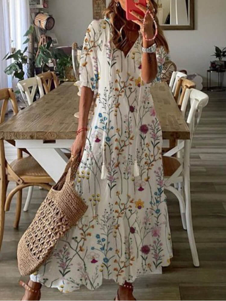 Elegant Print Short Sleeve Midi Dress