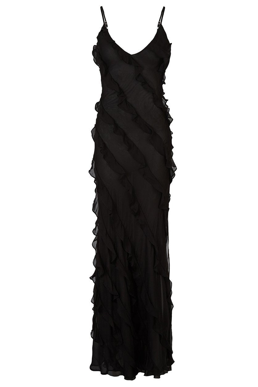 Elegant Sheath Spaghetti Straps Black Long Prom Dress with Ruffles