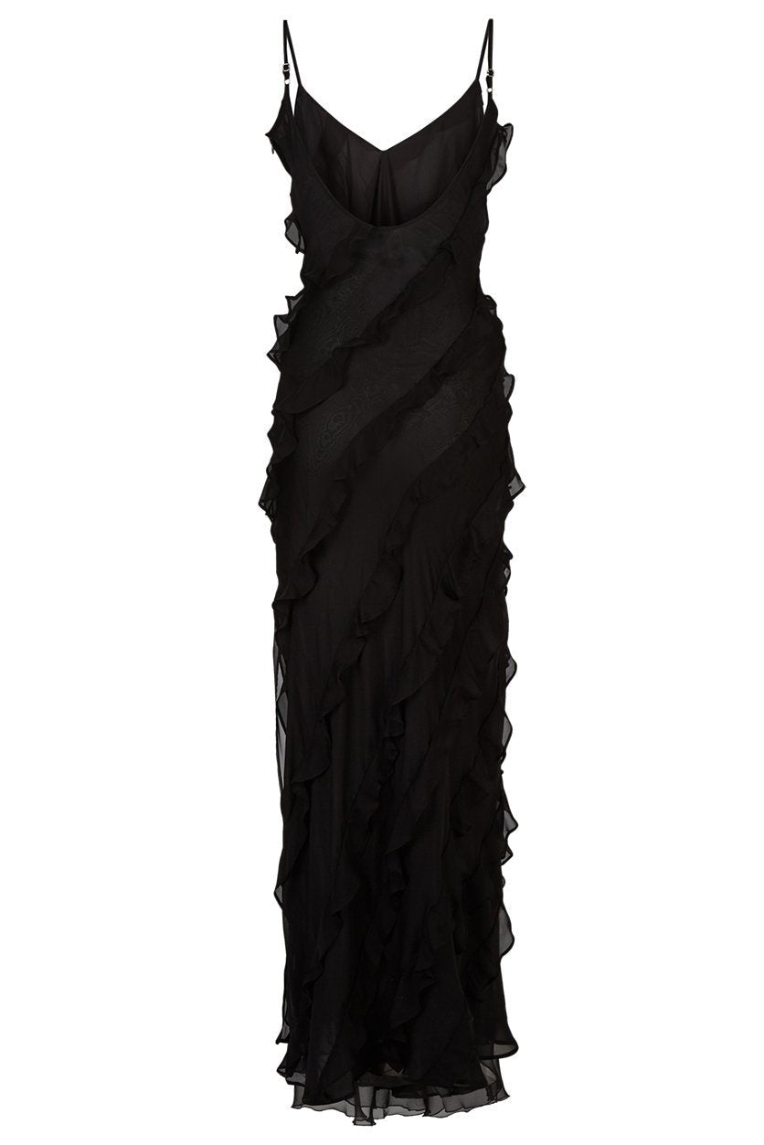 Elegant Sheath Spaghetti Straps Black Long Prom Dress with Ruffles