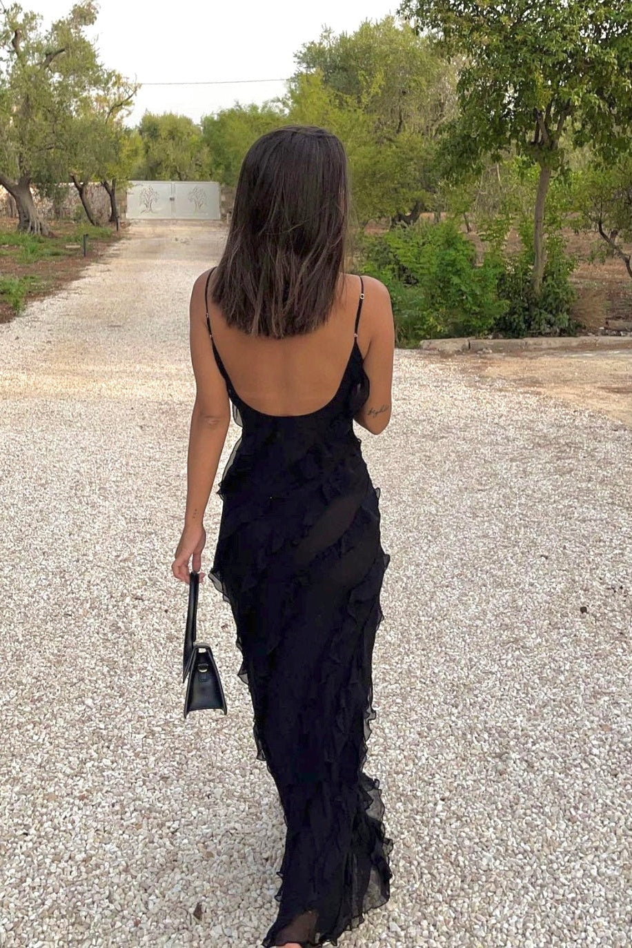 Elegant Sheath Spaghetti Straps Black Long Prom Dress with Ruffles