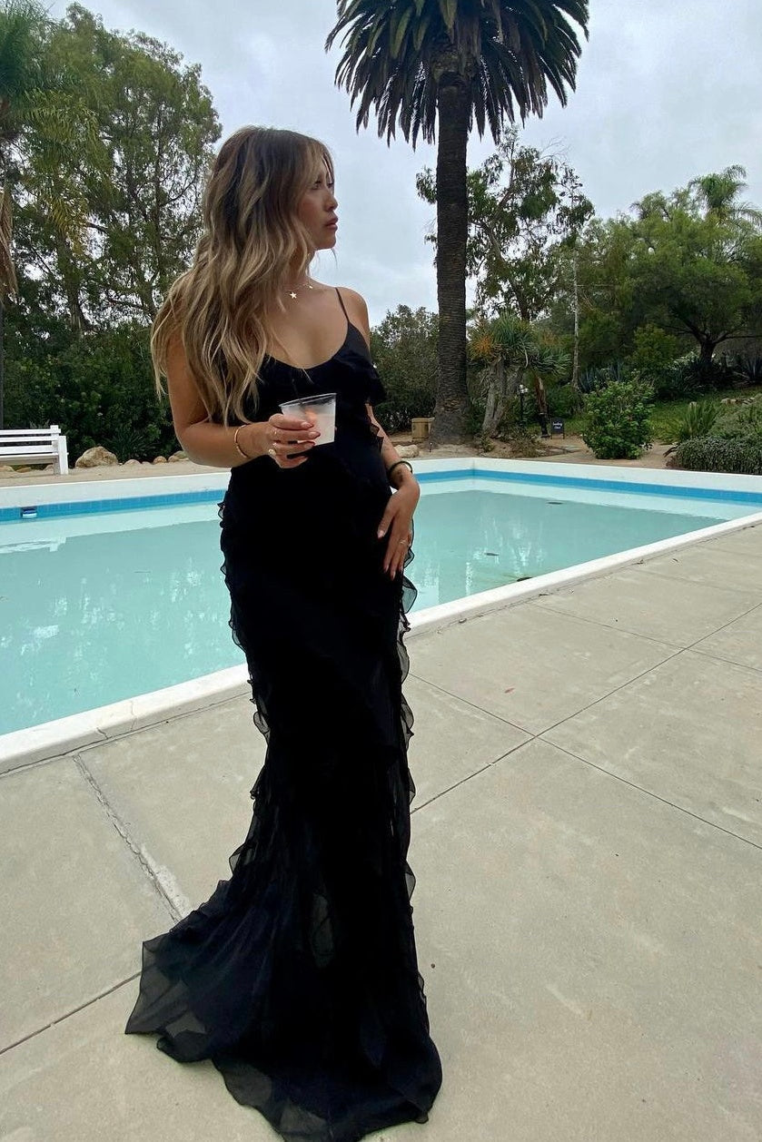 Elegant Sheath Spaghetti Straps Black Long Prom Dress with Ruffles