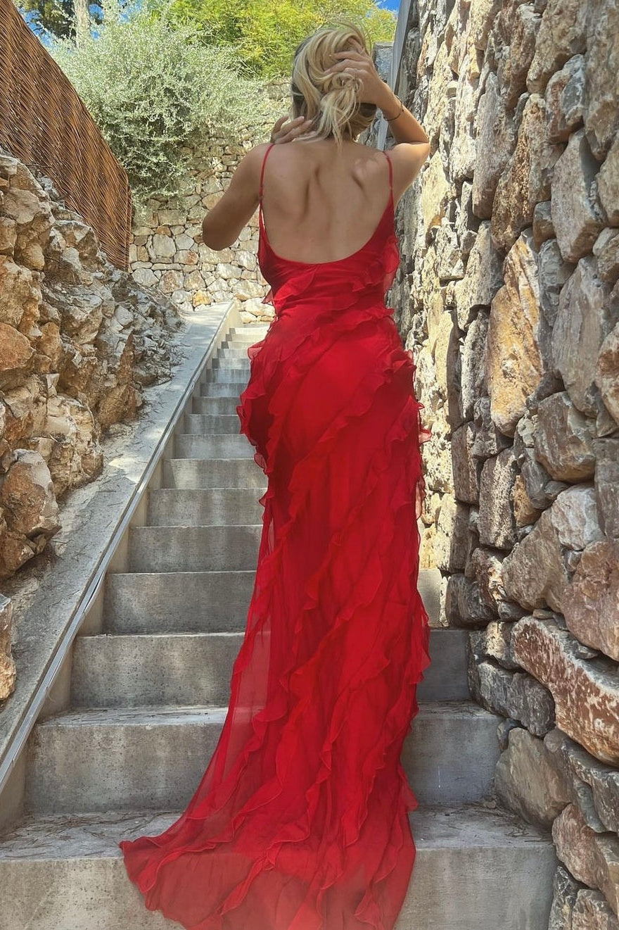Elegant Sheath Spaghetti Straps Black Long Prom Dress with Ruffles