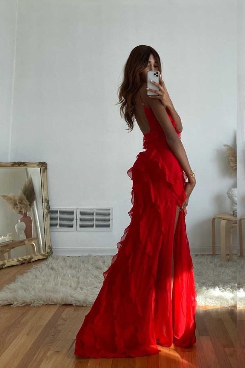 Elegant Sheath Spaghetti Straps Black Long Prom Dress with Ruffles