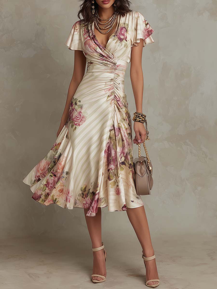 Floral V-Neck Flutter Sleeve Ruched Midi Dress
