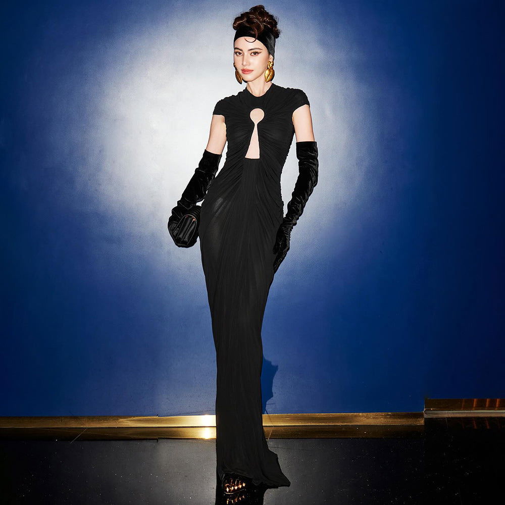 Ruched Keyhole Cut Out Cap Sleeve Floor Length Bodycon Maxi Gown