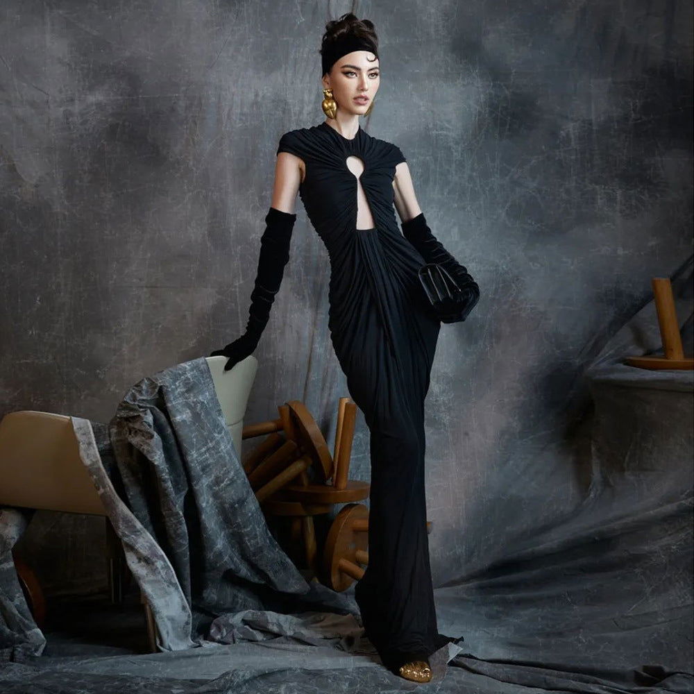 Ruched Keyhole Cut Out Cap Sleeve Floor Length Bodycon Maxi Gown